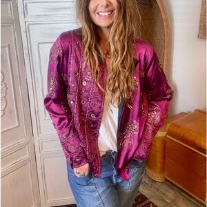 Amazing Beaded Embroidered Vtg Jacket Chico’s Sz 3 Maroon Burgundy Sequins